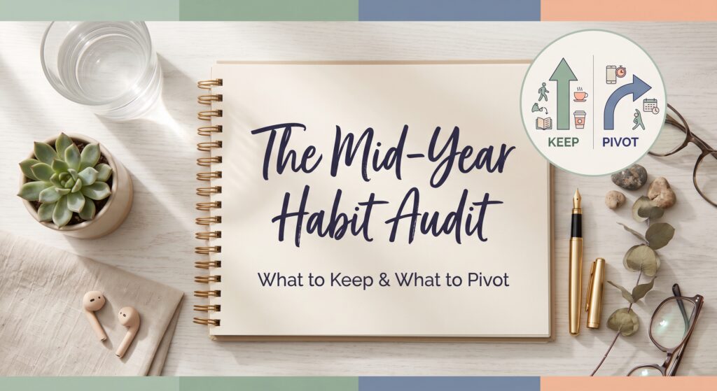 An open spiral notebook on a light wooden desk displaying the title "The Mid-Year Habit Audit: What to Keep & What to Pivot," surrounded by a succulent, water glass, fountain pen, glasses, and a habit-tracking diagram.